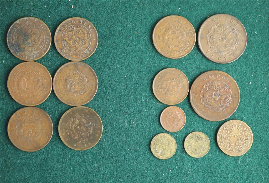 China, Empire and Republic period, a collection of 70 Chinese provinces 10 cash copper coins and other coins,